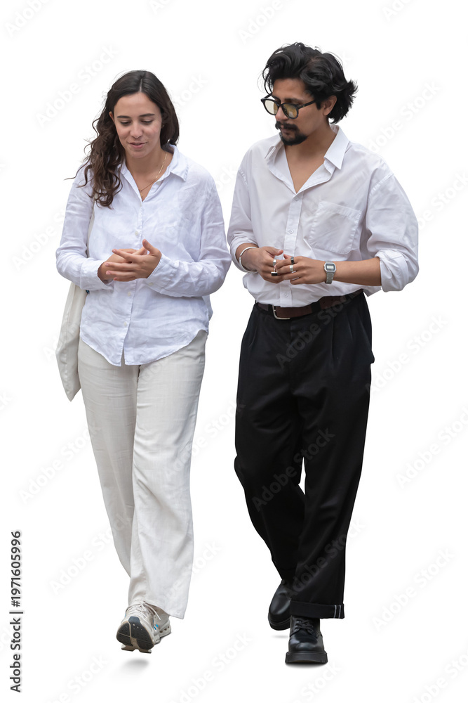 Obraz premium Man and woman in casual white summer clothing walking and talking, isolated on white and transparent background