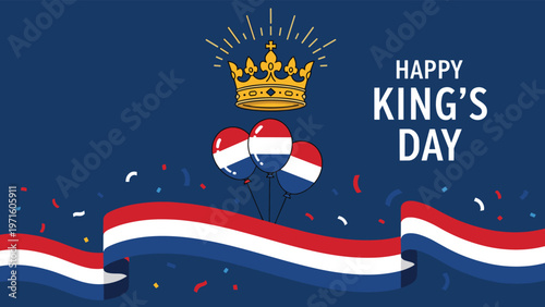 Festive celebration of kings day in the netherlands featuring a golden crown and balloons decorated with the colors of the dutch national flag.
