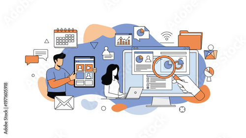 Team of researchers uses digital tools and a magnifying glass to perform deep data analysis and business market research on a modern computer screen.
