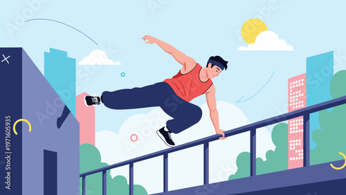 Athletic man performs an impressive parkour jump over a city railing with modern urban buildings and a sunny sky in the background for urban sports.