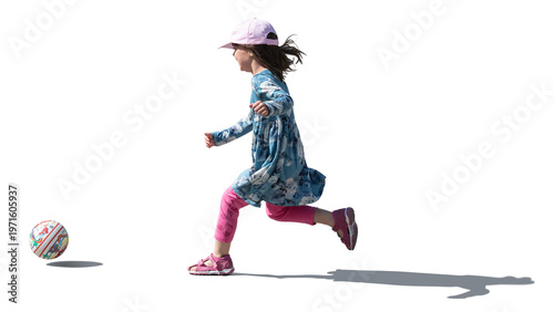 Little girl running after a ball, isolated on white and transparent background