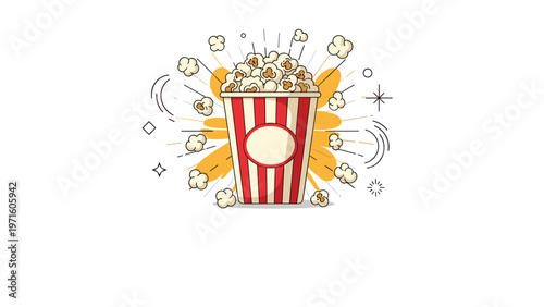 Classic striped bucket of delicious popcorn with kernels jumping out against a clean white background for a fun cinema theme and movie night event.