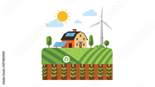 Concept of sustainable living on a modern farm house equipped with solar panels wind turbine and healthy organic crop fields for a greener future.