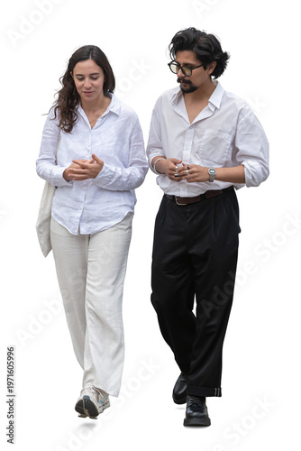 Foto Man and woman in casual white summer clothing walking and talking, isolated on w
