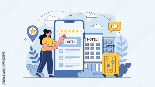 Young woman uses her smartphone to check hotel reviews and ratings before starting her exciting travel journey with a yellow suitcase and luggage.