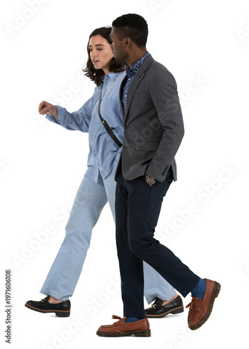 Foto Man and woman walking and having a lively conversation, seen from side view in profile