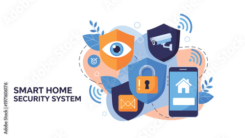 Advanced smart home security system featuring remote monitoring via smartphone with camera surveillance and data protection shield for safety.