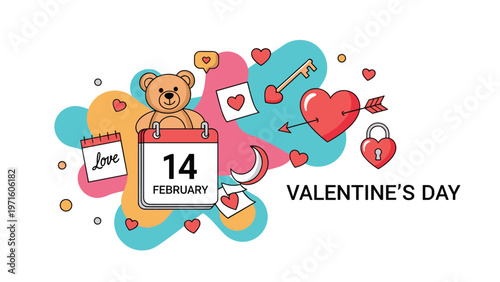 Romantic valentines day composition featuring a cute teddy bear february 14th calendar hearts and symbols of love on a colorful background.