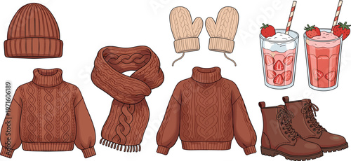 Winter clothing and cozy accessories vector set with sweater, scarf, hat, mittens, boots and hot drinks isolated on white background