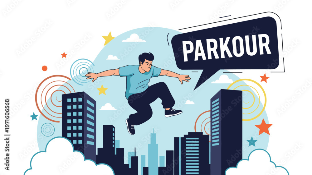 Naklejka premium Energetic young man performing parkour jumps across high city skyscrapers during a bright day in an urban environment setting.