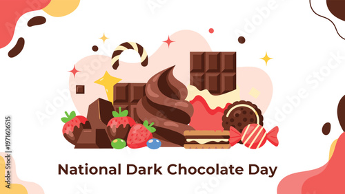 Delectable assortment of dark chocolate bars truffles cookies and fresh strawberries dipped in chocolate for a national dark chocolate day event.
