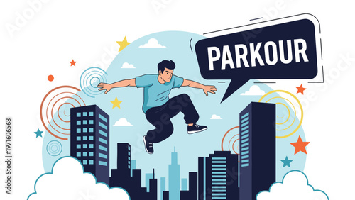 Energetic young man performing parkour jumps across high city skyscrapers during a bright day in an urban environment setting.