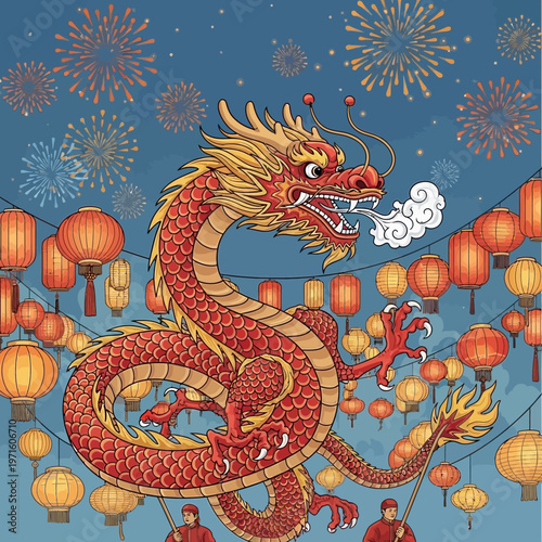 Chinese dragon dance performance with red lanterns and fireworks