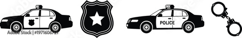 Police vector icons set, police cars, badge, and handcuffs on transparent background