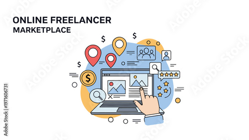 Concept of online freelancer marketplace showing a laptop with various icons for location projects ratings and financial success.