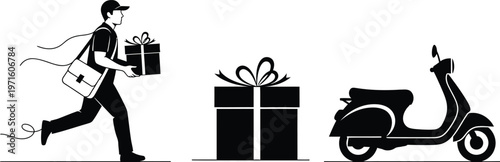 Delivery man with gift box running towards scooter for parcel service