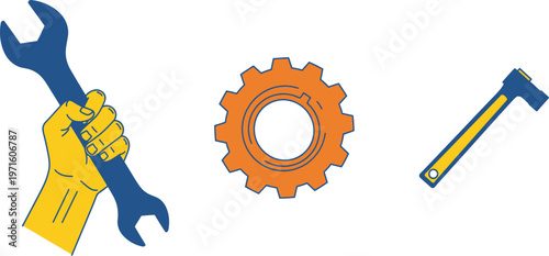 Hand holding wrench gear tool and hammer industrial equipment repair work