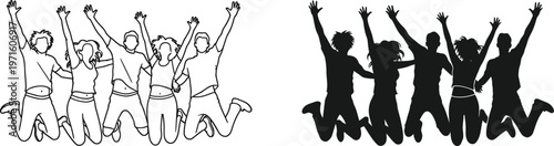 Groups of people jumping up in the air with hands raised high