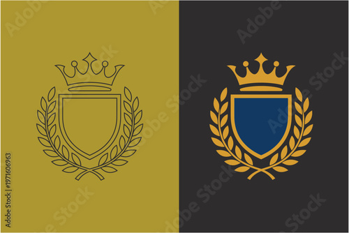 crest with laurel wreath and crown in outline and full color versions representing heraldry emblem and prestige on gold and dark backgrounds