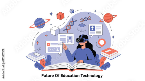 Inspiring illustration for the future of education technology showing a girl using a VR headset to learn about space and science.