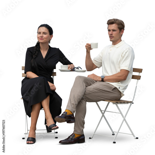 Bild auf Leinwand Beautiful and elegant man and woman sitting in a cafe and drinking coffee, isola