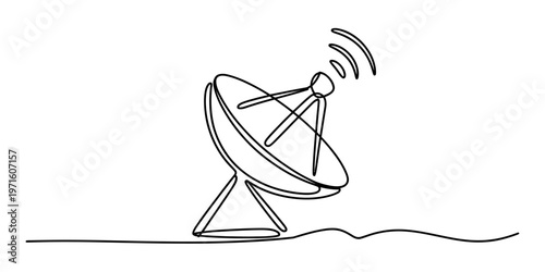 A single continuous line drawing of a large satellite dish broadcasting a radio signal wave. Vector, illustration
