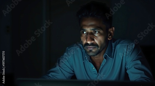 Stressed Indian man working late at night on laptop, burnout concept