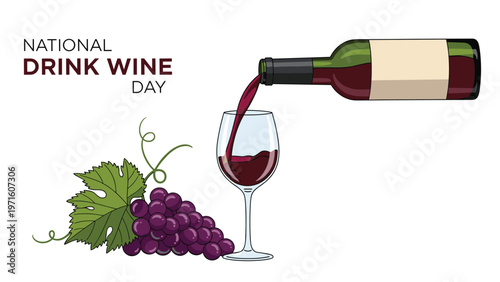Elegant illustration for national drink wine day showing red wine pouring from a bottle into a glass with fresh purple grapes.
