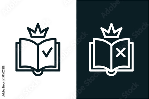 open book with crown and checkmark or cross symbols indicating right or wrong choice on white and black backgrounds