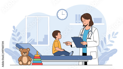 Caring female pediatrician talking to a young boy in a medical exam room with toys and medical charts in a child friendly scene.