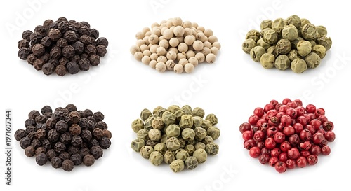 Six Varieties of Whole Peppercorns - Black, White, Green, and Red, Isolated on White.