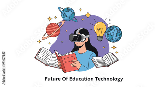 Educational illustration of the future showing a student wearing a VR headset surrounded by books globes and scientific symbols.