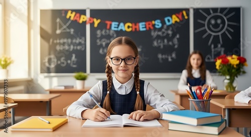 Happy Teachers Day Schoolgirl Writing.