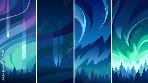 Abstract aurora borealis inspired vertical panels in cool tones