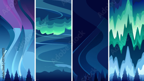 Abstract aurora borealis landscape with stylized trees and vibrant colors