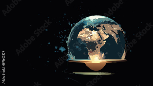 A glowing earth encased within a glass dome symbolizing a fragile world