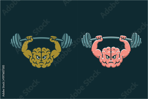 two brains lifting barbells one yellow and one pink representing mental strength and workout or intelligence and power