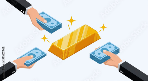 A vector graphic illustration of hands exchanging money for a gold bar