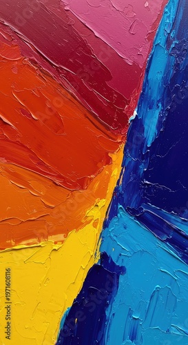 Vibrant, dynamic oil painting featuring bold strokes, layered textures, and a harmonious blend of non-representational colors, vibrant, expressive, movement