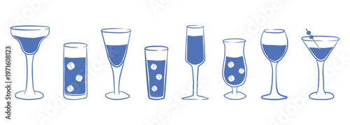Blue ink sketch set of various cocktail glasses and drinkware icons on white background