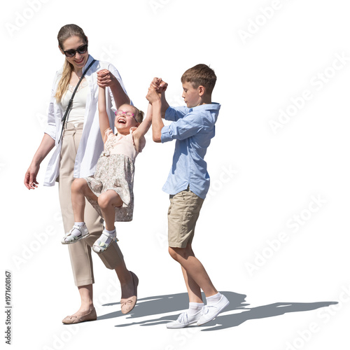Cuadro en lienzo Woman with two kids walking cheerfully in the street, isolated on white and tran