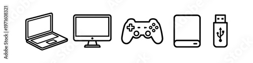 Minimalist Electronic Device Outline Icon Set Featuring Laptop, Desktop Monitor, Game Controller, External Hard Drive, and USB Flash Drive
