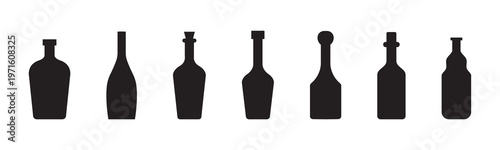 Collection of eight black bottle silhouettes on white background bottles glass