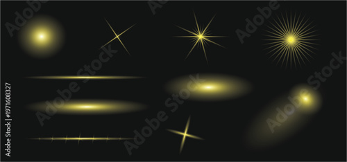 Collection of golden light effects and sparkles on black background