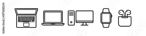 Set of Minimalist Electronic Device Line Icons Including Laptop, Desktop Computer, Smartwatch, and Wireless Earbuds on White Background