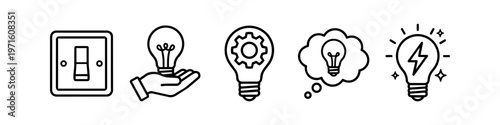 Set of Minimalist Line Icons Representing Innovation, Creative Ideas, Problem Solving, and Electrical Power with Light Bulbs, Light Switch, and Gear Symbols