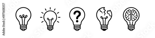 Set of light bulb icons representing creative ideas innovation brainstorming problem solving intelligence and failure minimalist black line art vector on white background