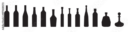 Bottle types vector illustrations set. Alcohol glasses silhouette collection. Glass bottle types isolated.