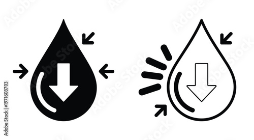 Low water level icon vector, down water level sign, water drop icon with arrow, water drops falling downwards indicator, water scarcity and depletion warning symbol, liquid level decrease concept, 