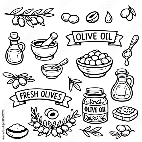 Hand drawn doodles olive branches and individual olives. Olive tree branches, oil packaging.